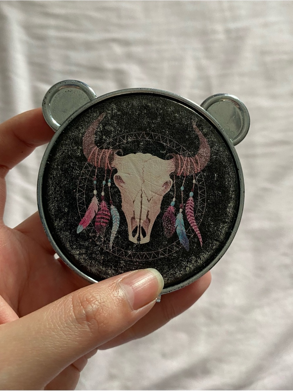 Boho Skull Compact Mirror with Pink & Blue Feather Accents